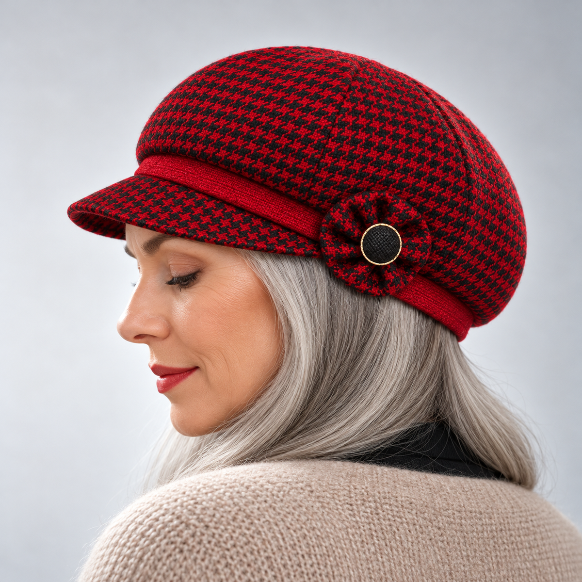 PERLA HOUNDSTOOTH WOOL CAP